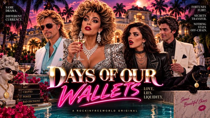 A parody poster styled like 'Days of Our Lives' titled 'Days of Our Wallets' with text including 'SAME DRAMA. DIFFERENT CURRENCY.', 'FORTUNES FLIRT.', 'SECRETS TRANSFER.', 'LOVE. LIES. LIQUIDITY.', 'ART, CRYPTO, POWER, BAD DECISIONS', and 'A ROCKFREEWORLD ORIGINAL'.