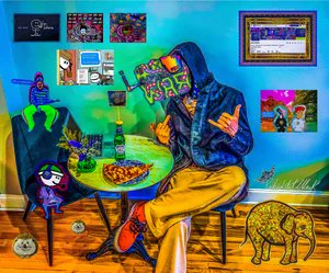 The image is a vibrant, surreal artwork by @RabidArtWorkRIP for stsola.com, depicting a hooded figure eating pizza surrounded by eclectic characters including a man in a chair, an elephant, and various framed pictures on the wall, reflecting the "RAW Universe" of Art Brut the artist is building.