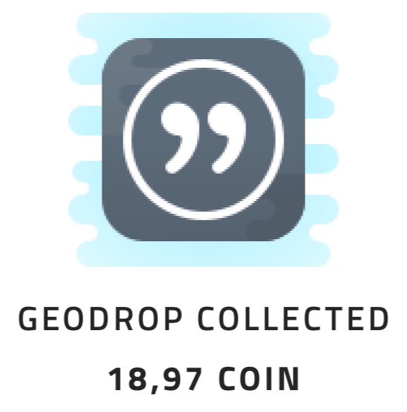 An app icon featuring a blue circle with white quotation marks on a light blue striped background, with the text 'GEODROP COLLECTED 18,97 COIN' below it.