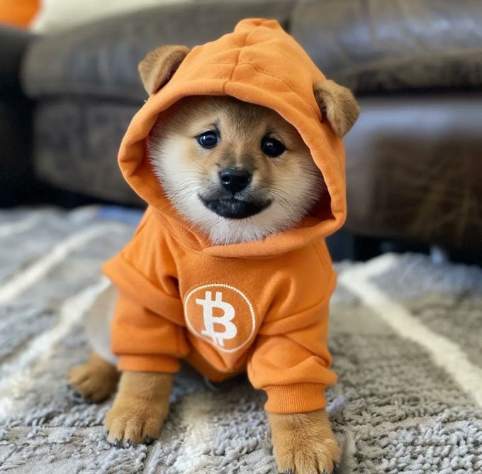 A Shiba Inu puppy wearing an orange hoodie with bear ears and a Bitcoin (₿) logo sits on a carpet.