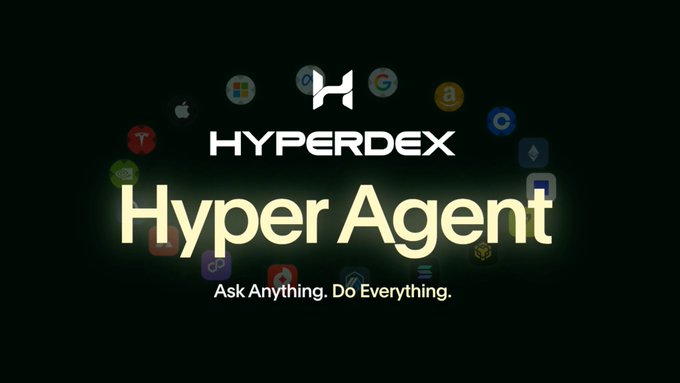 A promotional graphic for 'HYPERDEX Hyper Agent' reads 'Ask Anything. Do Everything.' against a black background surrounded by various tech company logos.