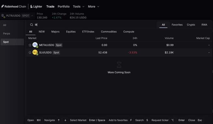 A screenshot of the Robinhood Chain Lighter platform's Spot trading interface shows the current spot markets available: META/USDG with 0.00 last price and $0.99 volume, and SLV/USDG at $2.438 with -3.53% change and $2.19K volume, with a "More Coming Soon" message. The image supports the user's request for adding $LIT as a new spot pair on Robinhood Chain by showcasing the limited existing spot trading options.