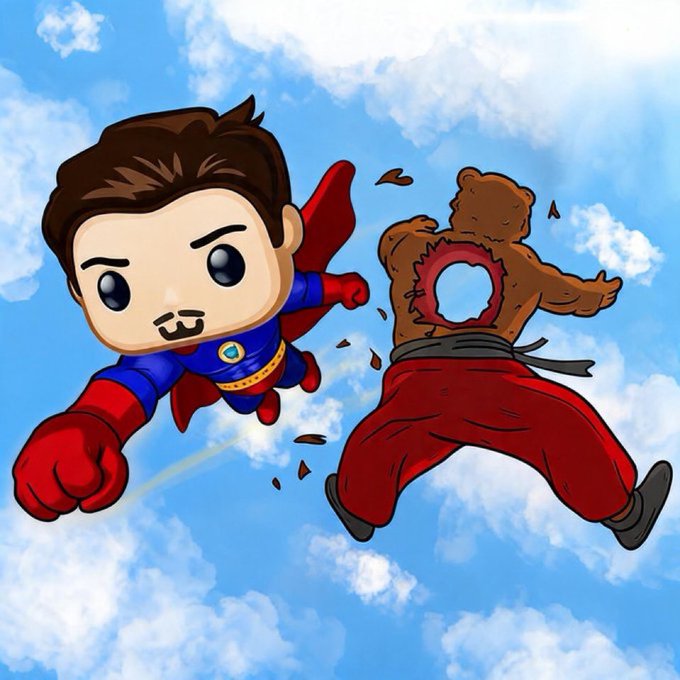 The image features a cartoon illustration of Superman flying through the sky with Batman below him. The superhero is wearing his iconic red suit, while the bear has its head cut off by Superman's fist. This scene depicts an intense moment between the two characters as they engage in combat.