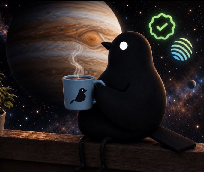 The image features a cartoon bird, possibly a magpie or a black bird, sitting on a wooden ledge holding a cup of coffee. The background shows a planet with a blue sky and various planets visible behind it. There are also some stickers around the edges of the image that read "GMagpie is now verified on @JupiterExchange". This suggests that someone has confirmed the cartoon character's existence in the online world, possibly through social media or other platforms. The post seems to be promoting a sense of community and shared interests among fans of the cartoon bird.