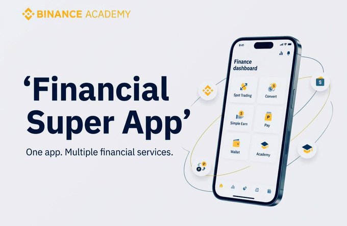 A Binance Academy promotional graphic titled 'Financial Super App' with the tagline 'One app. Multiple financial services,' showing a smartphone interface with features like Spot Trading, Convert, Simple Earn, Pay, Wallet, and Academy.