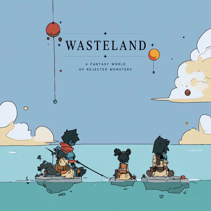 Illustration artwork titled 'WASTELAND - A FANTASY WORLD OF REJECTED MONSTERS' showing three small characters sitting on floating platforms above water under a blue sky.