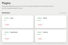 A web interface showing a 'Plugins' marketplace with available integrations like Awe, World, Hyperliquid, and Kamino.