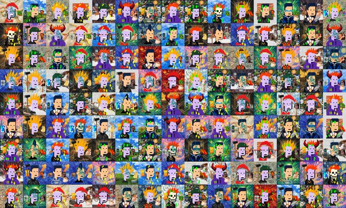 A grid collage of colorful pixel-art character variations from the "Cash Punks" NFT collection, matching the @cashpunks OrdinalsHub free mint announcement for the locked allocation raffle.