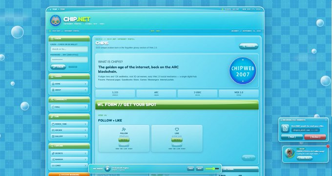 A screenshot of a Y2K-themed website called 'CHIP NET' with a blue tiled background, advertising 'CHIPWEB 2007' and describing itself as 'The golden age of the internet, back on the ARC blockchain.'