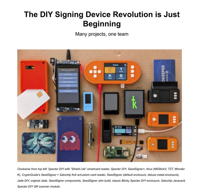 A collection of DIY Bitcoin signing devices displayed on a wooden surface, including Specter DIY, SeedSigner+, Krux, TZT Wonder K, CryptoGuide's SeedSigner, Jade DIY, SeedSigner components, and Satchip Javacard, captioned "The DIY Signing Device Revolution is Just Beginning." The image illustrates the diverse ecosystem of open-source hardware wallets the post references, showcasing multiple community-built projects (SeedSigner, SpecterDIY, Krux) featured in the article the author is seeking a publishing platform for.