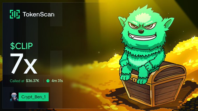 Cryptocurrency TokenScan interface showing $CLIP at 7x, called at $36.37K, with a green cartoon monster sitting on a treasure chest filled with gold coins.