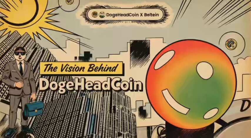 The image features a man dressed in a suit holding a briefcase, standing next to a large orange ball with a smiley face on it. The background of the image shows an illustration of a city skyline, which includes buildings and skyscrapers. The caption for this image reads "Doge Head Coin on #Solana".