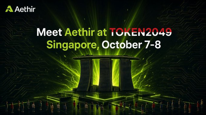 A promotional banner featuring the Aethir logo announces "Meet Aethir at TOKEN2049 Singapore, October 7-8," set against a futuristic green-lit backdrop of Marina Bay Sands with silhouettes of attendees below, visually reinforcing the post's announcement of Aethir's participation in the major Web3 conference.