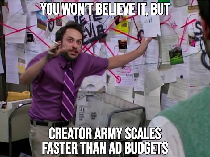 The image features a man wearing a purple shirt, standing next to a desk with papers scattered around him. The text of the image includes a quote from a meme about creator army scales faster than ad budgets.