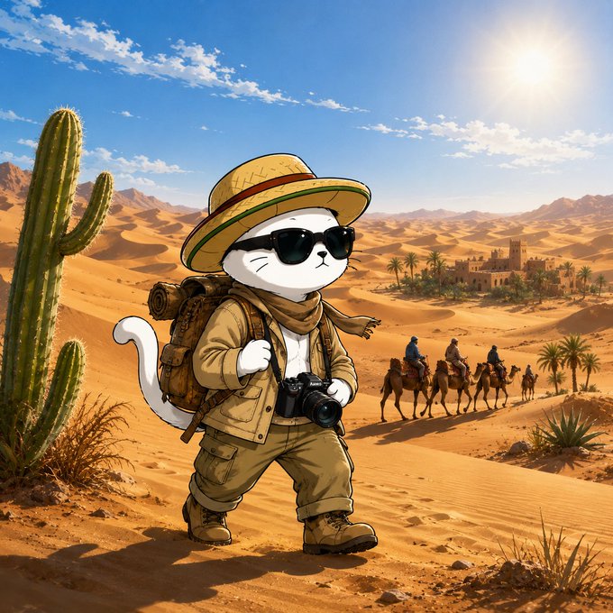 The image features a cartoon cat wearing sunglasses, a hat, and carrying a backpack while walking through a desert landscape with camels behind him. The caption of the image reads "GM everyone! Let'S hear those mornings back!". This suggests that the image is related to a social media post or a conversation about travel experiences involving the cat in the cartoon.