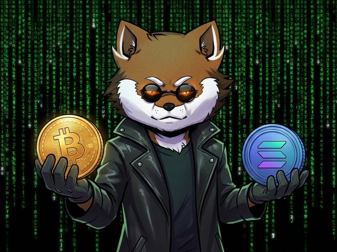 Digital art of a Shiba Inu character in a leather jacket holding a Bitcoin coin and a Solana (SOL) coin against a green Matrix-style code background.