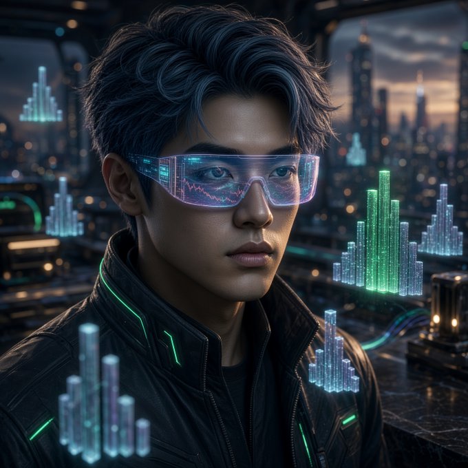 A futuristic cyberpunk-style portrait of a young man wearing glowing AR glasses displaying data charts, surrounded by floating 3D bar graphs in a high-tech cityscape.