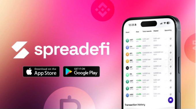 A promotional banner for the 'SpreadFi' cryptocurrency app displays the logo, App Store and Google Play badges, and a mobile interface showing transaction rates and rewards.