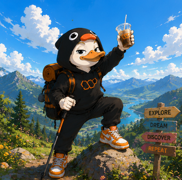 The image features a cartoon duck dressed in black clothing, holding a drink with an orange straw, standing atop a rock. There are also signs for "Explore Dream", "Discover", and "Repeat" in the background. The post seems to be discussing the concept of attention as a measureable system rather than a byproduct of social interaction.
