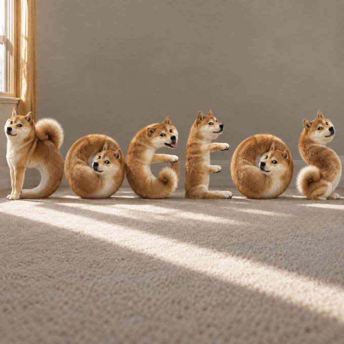 Six Shiba Inus are playfully posed in various positions on a sunlit beige carpet against a neutral wall.