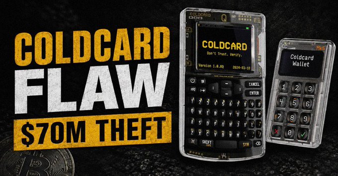 YouTube thumbnail-style graphic titled 'COLDCARD FLAW $70M THEFT' showing the Coldcard hardware wallet device and a Coldcard Q1 wallet next to a Bitcoin coin.