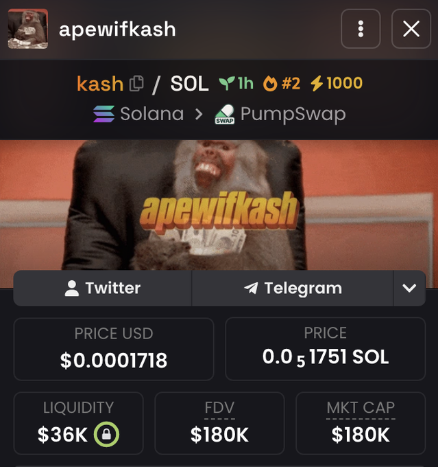 A crypto trading chart for the meme token "apewifkash" ($kash/SOL) on Solana's PumpSwap, showing a price of $0.0001718, liquidity of $36K, FDV of $180K, and a market cap of $180K, accompanying a promotional post offering free $kash tokens to the first address depositing 800 SOL.