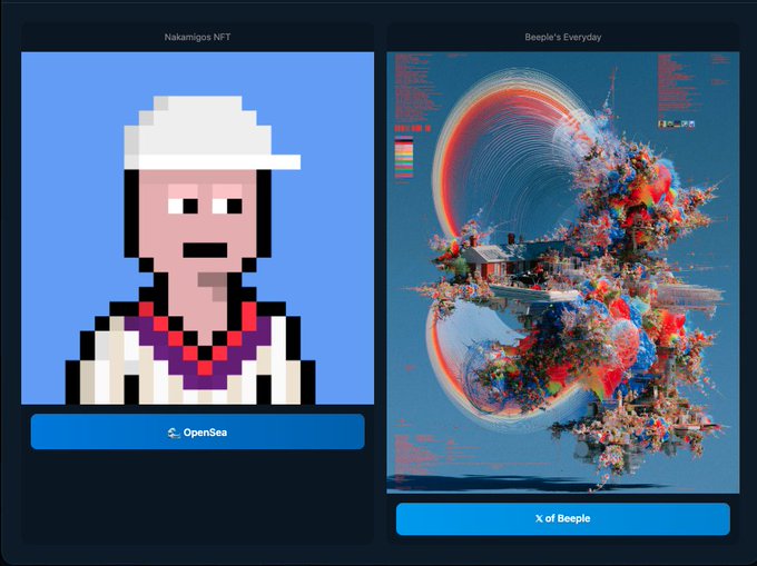 The image displays two NFT artworks side by side: a pixelated "Nakamigos NFT" character wearing a white hat on the left with an "OpenSea" button, and a colorful, glitch-style digital piece titled "Beeple's Everyday" on the right featuring an "X of Beeple" button, promoting the "weareallnakamigos.art" website that blends the two collections.