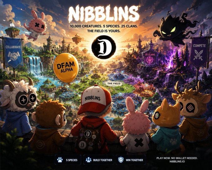 A promotional graphic for the game 'NIBBLINS' features various cute creatures, a 'DFAM ALPHA' badge, and text reading '10,000 CREATURES. 5 SPECIES. 25 CLANS. THE FIELD IS YOURS.' with options to 'COLLABORATE' and 'COMPETE'.