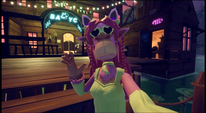 An animated character with pink dreadlocks, heart-shaped sunglasses, and a yellow top takes a selfie in front of a vibrant waterfront clubhouse featuring neon signs reading "BAYC 305," "SPEED," and "305," tying the scene to the Otherside Meta clubhouse experience.