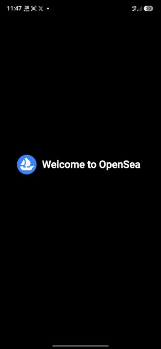 Mobile screenshot showing the 'Welcome to OpenSea' loading screen with the platform's sailboat logo on a black background.