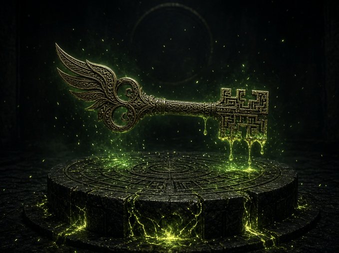 A dark fantasy digital artwork depicting an ornate, glowing green key floating above a circular stone pedestal, with green energy dripping like liquid.