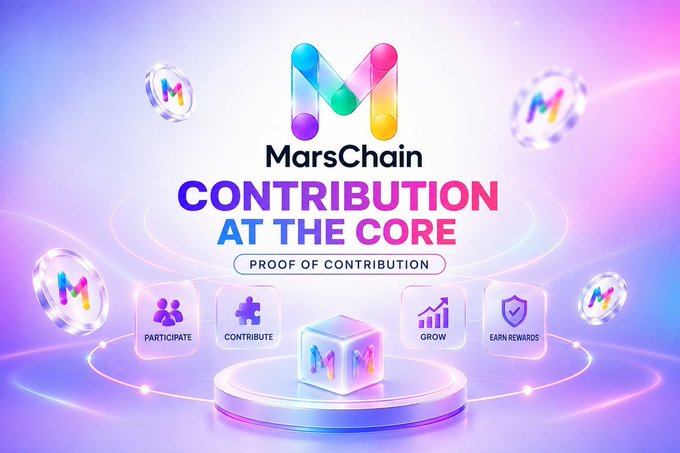 The image is a promotional graphic for MarsChain, featuring its "M" logo and the tagline "CONTRIBUTION AT THE CORE - PROOF OF CONTRIBUTION," alongside icons representing participation, contribution, growth, and earning rewards, which visually reinforces the post's message about the final day of the MarsChain Creator Contest and the opportunity to win from a 300,000 $MARS token prize pool.