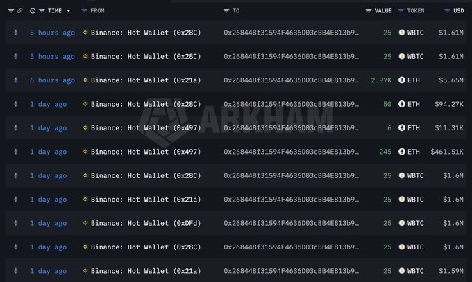 A cryptocurrency transaction tracking table labeled ARKHAM showing multiple Binance Hot Wallet transfers across addresses (0x28C, 0x21A, 0x497, 0xFD) involving WBTC and ETH tokens with values ranging from $1.59M to $461.51K, timestamped from 5 hours to 1 day ago.