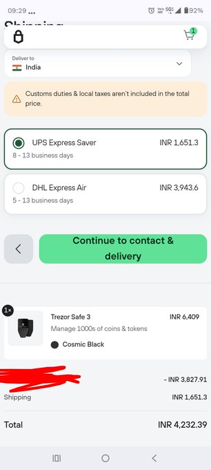 The image shows a cell phone screen displaying information about a product, specifically Trezor wallets available for purchase through Amazon and your website. The screen also includes details about customs duty and tax on the final page of the payment process.