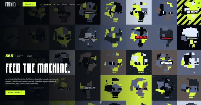 A pixelated grid display titled "FEED THE MACHINE" shows 555 collected virtual items representing hidden webs pulled beneath our world, with "555 OF 1,000" and "EST. 221" prominently displayed, relating to the Parasites NFT project being highlighted in the post.
