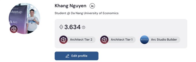 A LinkedIn-style profile header for Khang Nguyen, a Student at Da Nang University of Economics, showing a score of 3.634 with 'Architect Tier 2', 'Architect Tier 1', and 'Arc Studio Builder' badges.