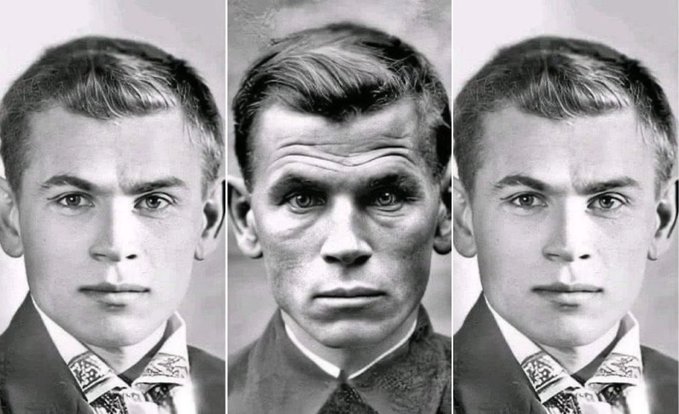Black and white portrait photos showing three head-and-shoulders views of young men with short hair, wearing dark jackets or suits; the center figure shows an older, weathered-looking man compared to the two younger men on either side.