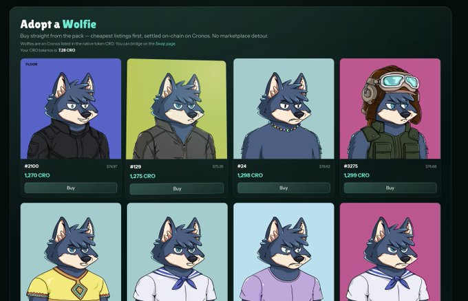 'Adopt a Wolfie' NFT marketplace page showing various cartoon wolf character listings for sale on Cronos blockchain, with prices ranging from 1,270 to 1,299 CRO.