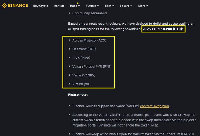 A Binance announcement screenshot stating the delisting of spot trading pairs for tokens including Across Protocol (ACX), Hashflow (HFT), PINX (PIVX), Vulcan Forged PYR (PYR), Vanar (VANRY), and Viction (VIC) at 2026-08-17 03:00 UTC.