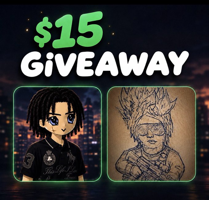 The image is a promotional graphic for a "$15 GIVEAWAY" featuring two avatar portraits—one of a character with dreadlocks in a "Zara" polo shirt and another of a character with spiky hair and sunglasses holding a gun—set against a city skyline backdrop, advertising a Solana (SOL) giveaway tied to the social media post's instructions to follow, like, retweet, and comment with proof of submission.