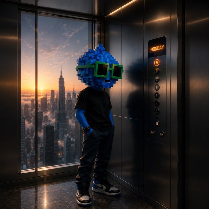 A blue blocky/pixelated character with green sunglasses standing in an elevator overlooking a sunset city skyline; the elevator panel shows 'MONDAY' with the number 9 illuminated.