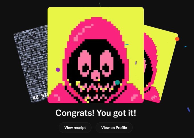 A digital pixel-art interface displays a pink hooded skull character on a yellow background with the text "Congrats! You got it!" beneath it, alongside options to "View receipt" and "View on Profile." The celebratory "got it" message takes on an ironic twist with the "$rekt" caption, suggesting the user received an NFT collectible but at the cost of financial loss.
