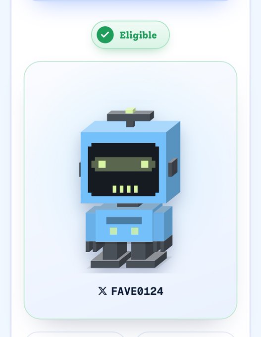 A mobile app interface displaying a 3D voxel-style blue robot NFT marked with a green 'Eligible' badge and the username 'FAVE0124'.