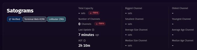 A digital interface displaying 'Satograms' statistics, showing 'Terminal Web #298' and 'LnRouter 294b', with various metrics like 'Total Capacity', 'Number of Channels', and 'AOT' reading '2h 10m'.