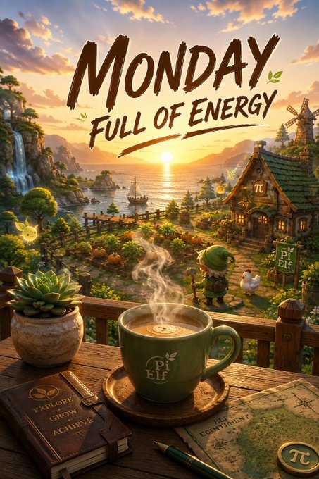 Whimsical illustration titled 'MONDAY FULL OF ENERGY' showing a fantasy farm landscape with a sunset, gnome characters, a windmill, and a steaming 'Pi Elf' coffee mug on a wooden table alongside a book labeled 'EXPLORE GROW ACHIEVE'.