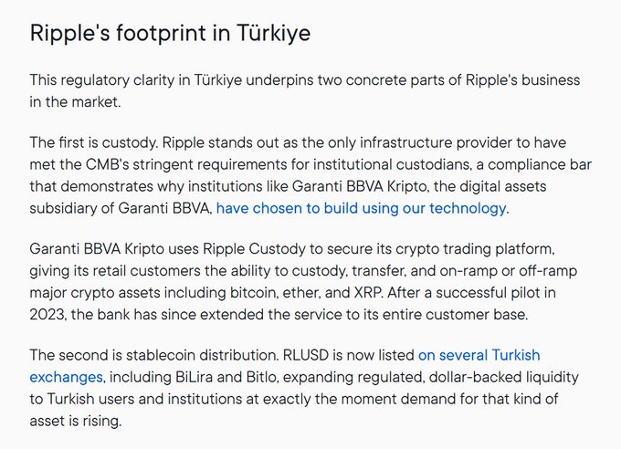 An article titled 'Ripple's footprint in Türkiye' discussing Ripple's regulatory clarity in Turkey, highlighting partnerships with Garanti BBVA Kripto for custody services and the listing of their stablecoin RLUSD on Turkish exchanges.