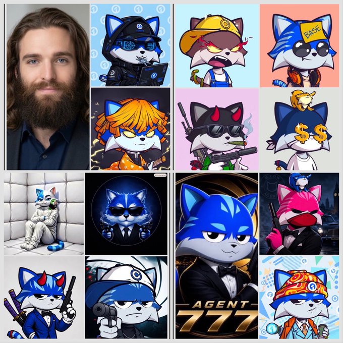 A collage featuring a photo of a bearded man alongside numerous cartoon variations of a blue cat character in different outfits and themes, including an 'AGENT 777' image in the bottom center.