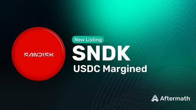 A promotional graphic with a teal and dark green background featuring a red circle with the 'SANDISK' logo. Text reads 'New Listing', 'SNDK', 'USDC Margined', and 'Aftermath'.