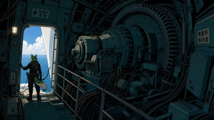 An anthropomorphic dog in tactical gear stands on a railing of a dimly lit industrial chamber labeled "高電圧危険" (High Voltage Danger) and "整備中 勝手注意" (Under Maintenance, Do Not Enter), looking out toward a bright sky and ocean horizon beside a large mechanical turbine, evoking the rugged, adventurous spirit behind the post's call to follow the "WOOF" community on X and Telegram (t.me/Shibinhood).
