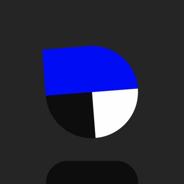 A minimalist logo featuring a stylized 'P' shape in blue, white, and black on a dark gray background.